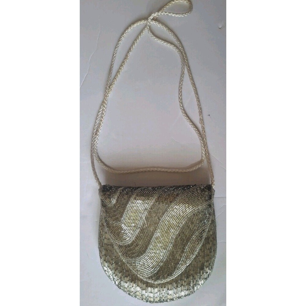 Magid Beaded Art Deco Evening Purse Chain Strap Silver Beaded Satin Lined